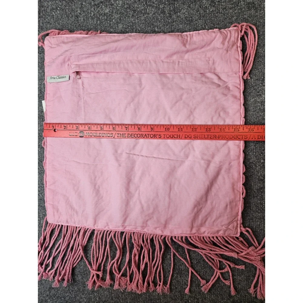 NWT Macrame Decorative Pillow Cover Pink Boho Fringe 15x15 Handmade Earthy India